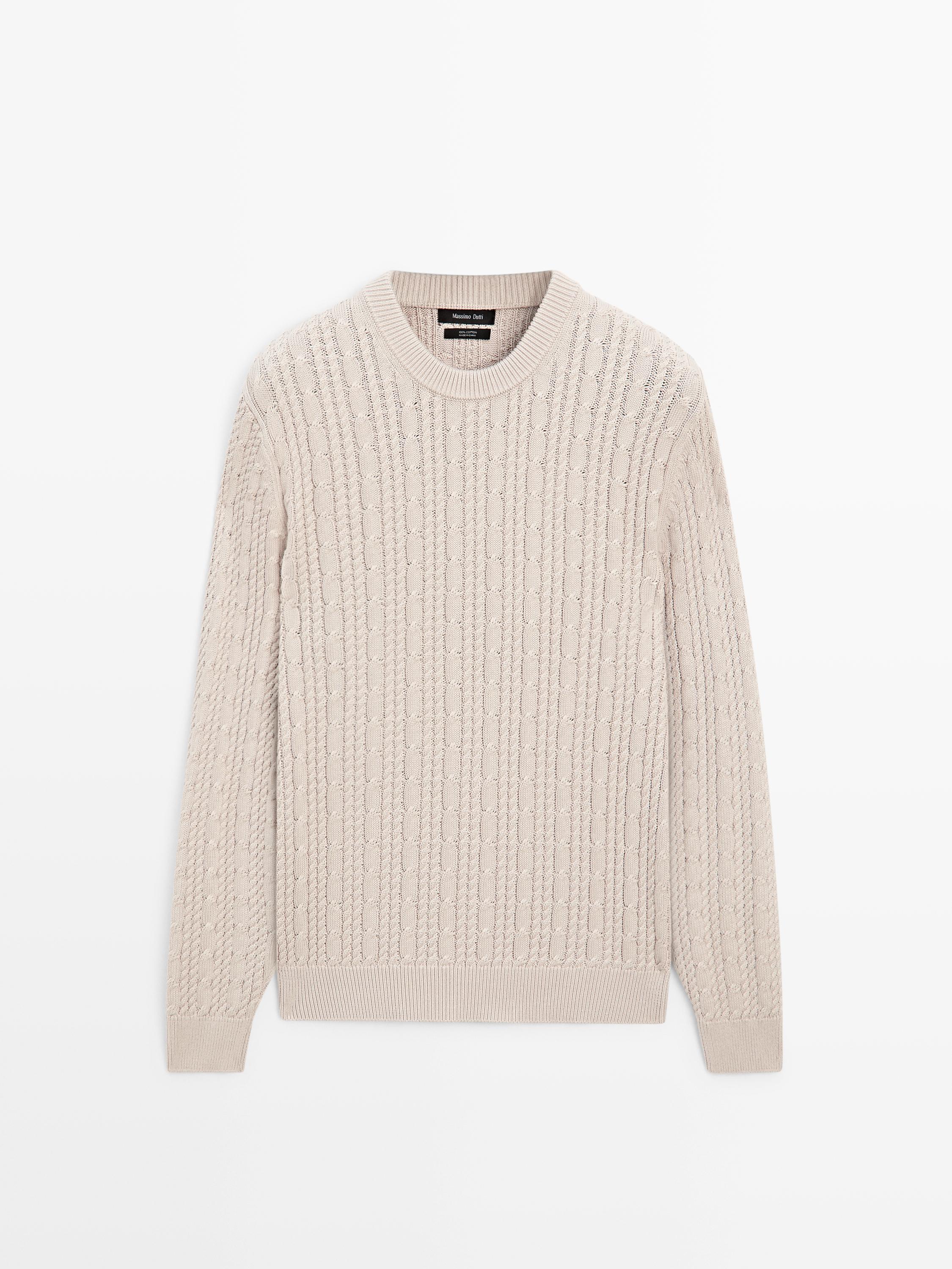 Cable-knit 100% cotton sweater with crew neck